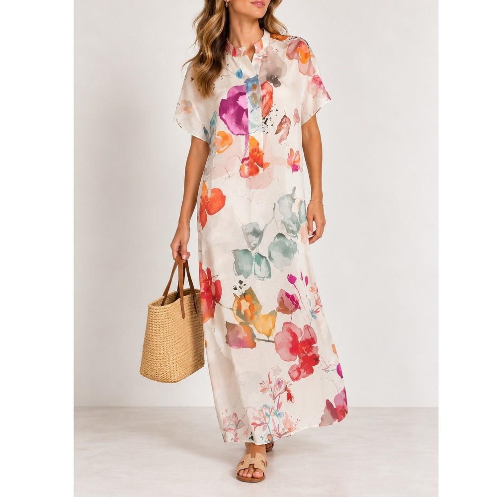 Agnona Watercolor Floral Silk‎ Maxi Shirt Dress Women's IT 44 US 6 Quiet Luxury